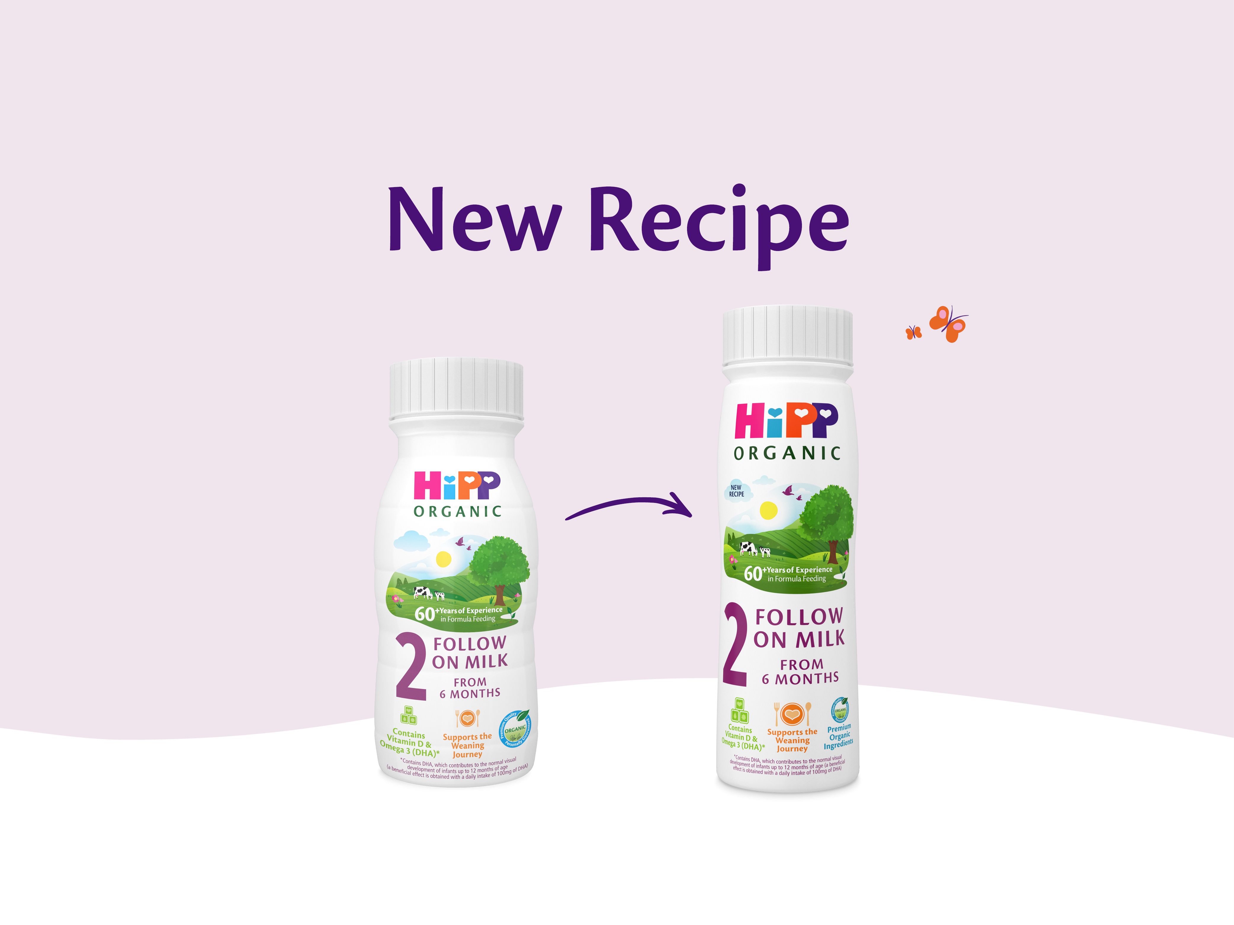 HiPP Organic follow on milk ready to feed bottles showing the old and new 6+ months recipe side by side on a soft pastel background