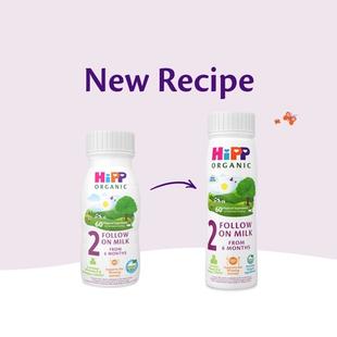 HiPP Organic follow on milk ready to feed bottles showing the old and new 6+ months recipe side by side on a soft pastel background