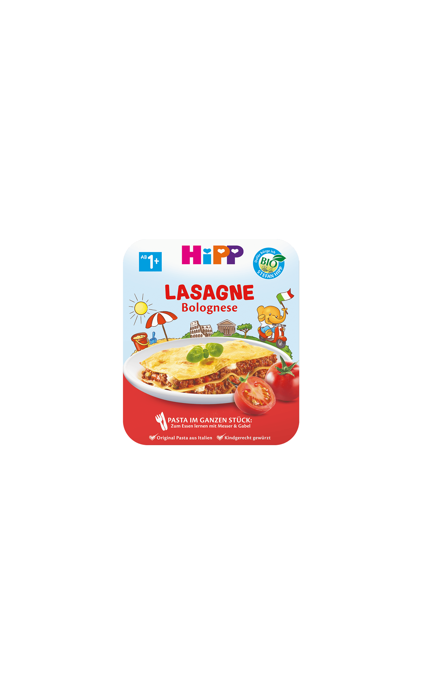HiPP Lasagne Bolognese Beikost-Schale ab 1 Jahr mit Lasagneportion auf Teller und Tomaten auf der Verpackung
