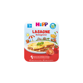 HiPP Lasagne Bolognese Beikost-Schale ab 1 Jahr mit Lasagneportion auf Teller und Tomaten auf der Verpackung