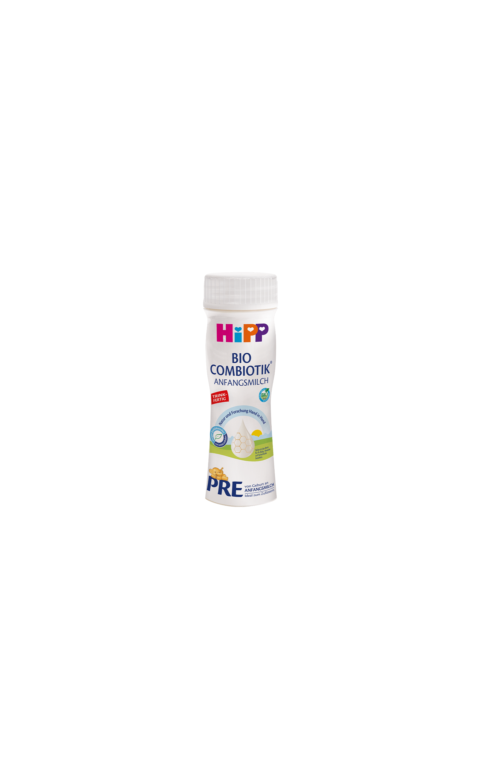 HiPP PRE BIO Combiotik® trinkfertige Anfangsmilch in 200ml-Flasche mit weißem Deckel auf weißem Hintergrund