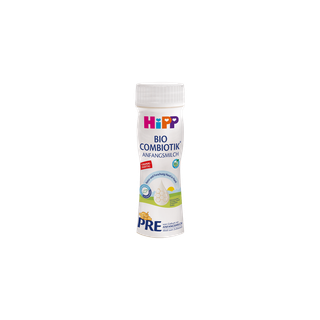 HiPP PRE BIO Combiotik® trinkfertige Anfangsmilch in 200ml-Flasche mit weißem Deckel auf weißem Hintergrund