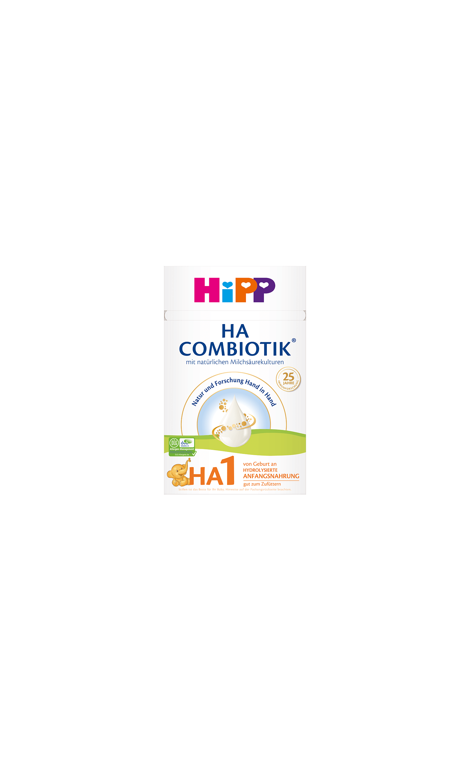 HiPP HA COMBIOTIK HA1 Anfangsnahrung 1x600g Packung vor schwarzem Hintergrund, geeignet von Geburt an
