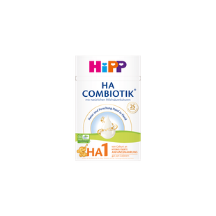 HiPP HA COMBIOTIK HA1 Anfangsnahrung 1x600g Packung vor schwarzem Hintergrund, geeignet von Geburt an