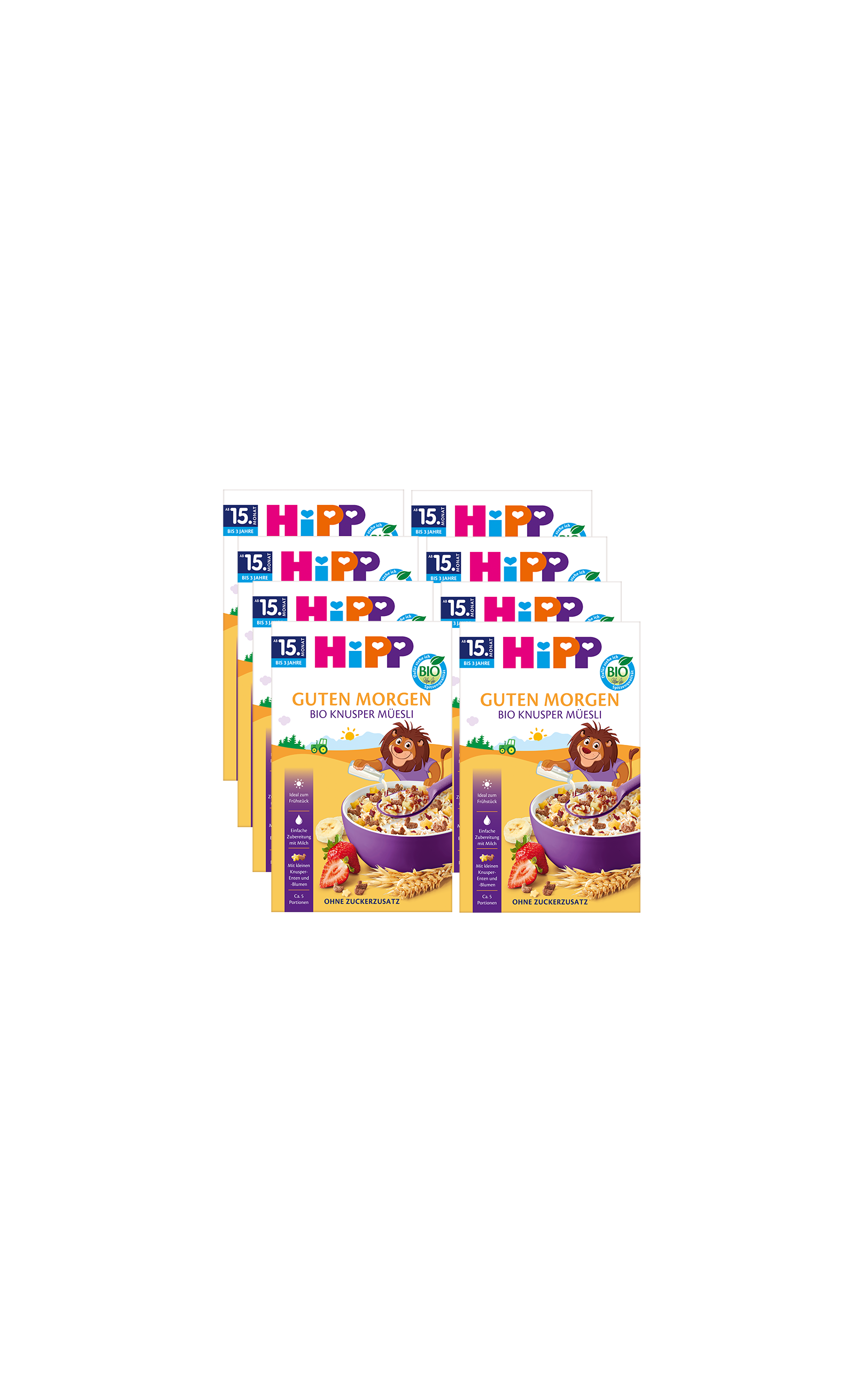 8er-Pack HiPP Guten Morgen Bio Knusper Müsli für Kinder ab 15 Monaten, Produktpackungen vor schwarzem Hintergrund