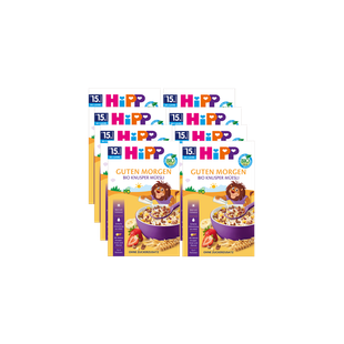 8er-Pack HiPP Guten Morgen Bio Knusper Müsli für Kinder ab 15 Monaten, Produktpackungen vor schwarzem Hintergrund