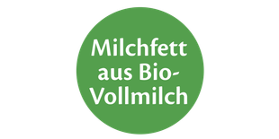 Grüner Kreis mit weißer Schrift 'Milchfett aus Bio-Vollmilch'