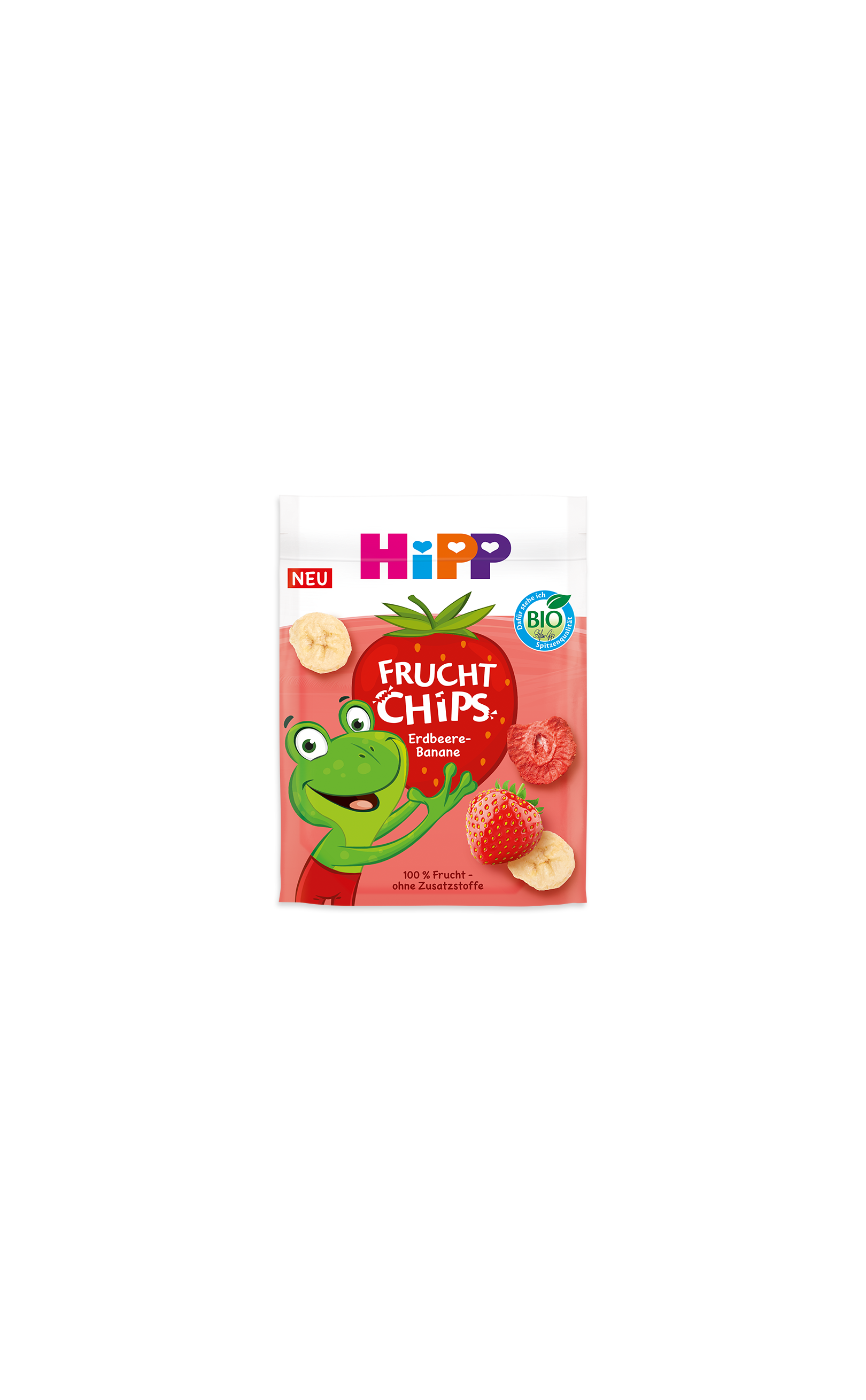 HiPP Bio Fruchtchips Erdbeere-Banane in einer rosa Packung mit Froschmotiv sowie Erdbeer- und Bananenstücken