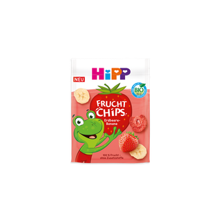 HiPP Bio Fruchtchips Erdbeere-Banane in einer rosa Packung mit Froschmotiv sowie Erdbeer- und Bananenstücken