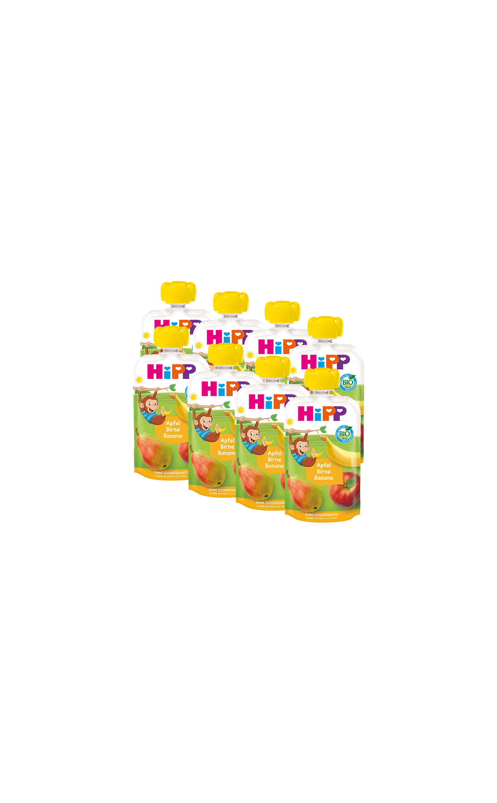 8er-Pack HiPP Bio-Quetschbeutel Apfel-Birne-Banane mit gelbem Deckel auf schwarzem Hintergrund