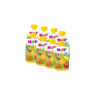 8er-Pack HiPP Bio-Quetschbeutel Apfel-Birne-Banane mit gelbem Deckel auf schwarzem Hintergrund