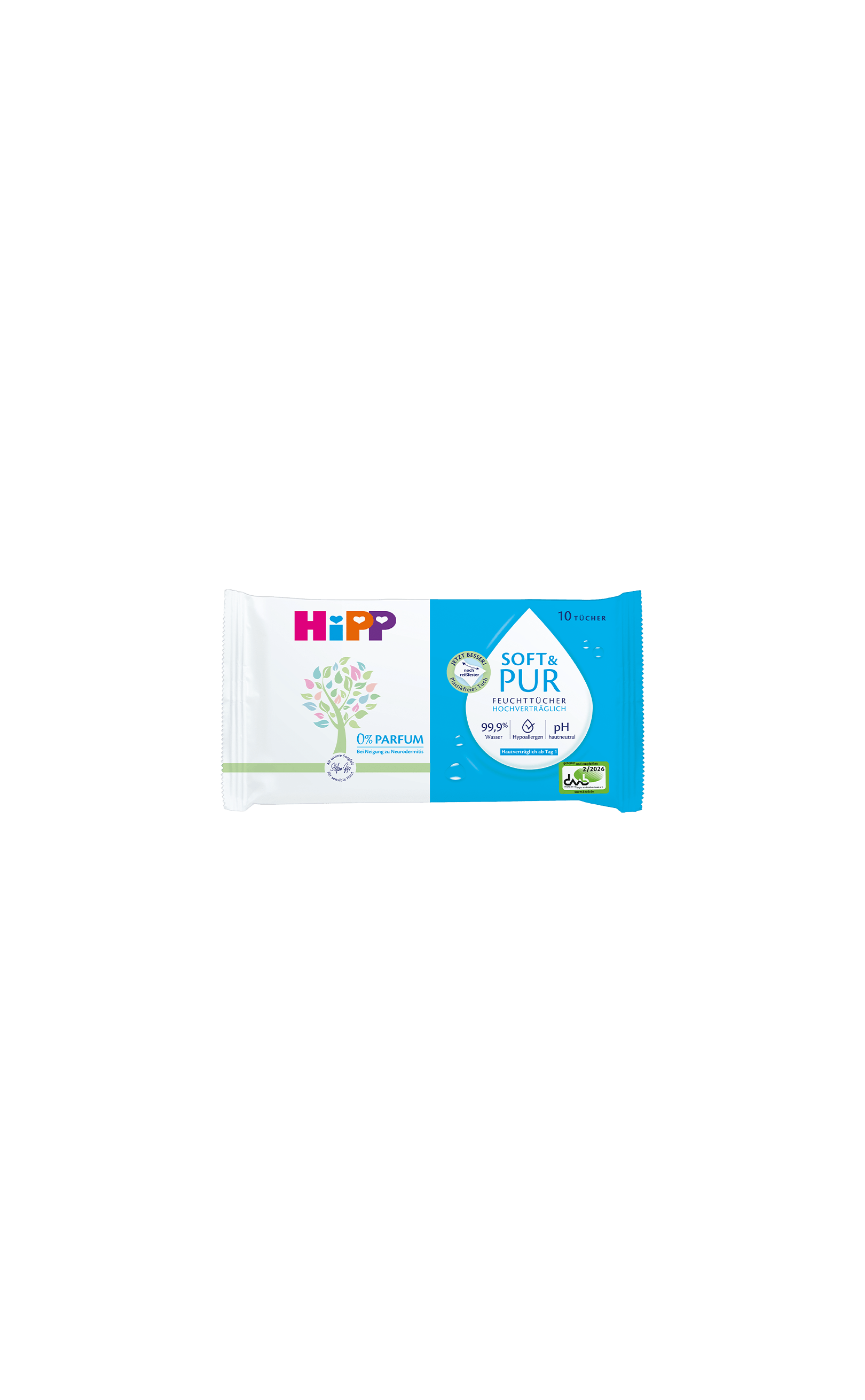 HiPP Soft & Pur Baby-Feuchttücher, 10 Stück, parfumfrei und besonders hautverträglich in handlicher Probierpackung
