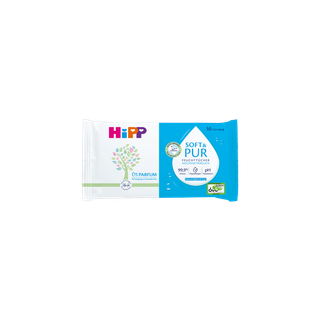 HiPP Soft & Pur Mini Feuchttücher Packung, 10 hypoallergene, parfümfreie Babytücher mit 99,9 % Wasser für sensible Haut
