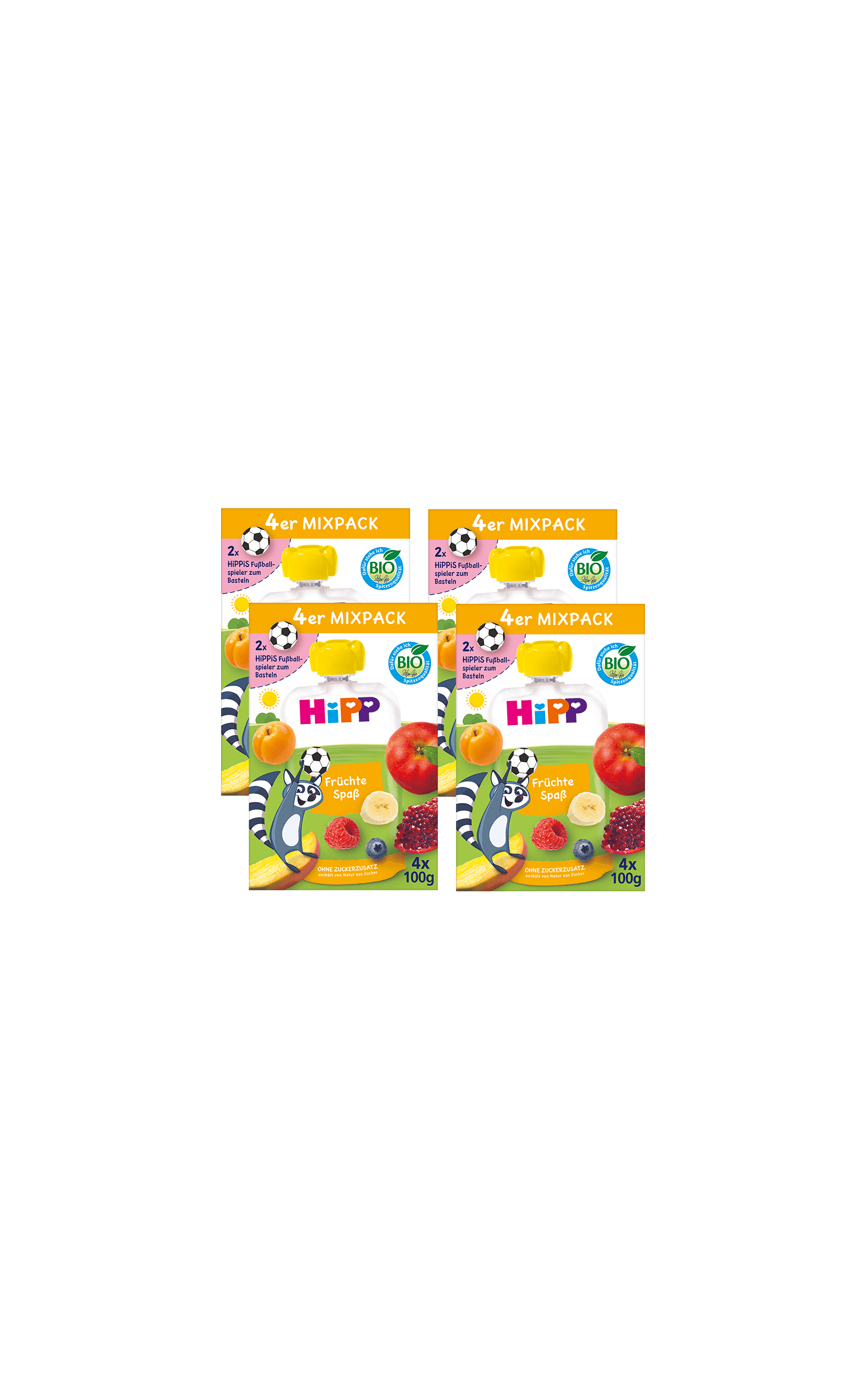 Vier HiPP Bio Früchte-Spaß Quetschbeutel-Mixpacks à 4×100g mit bunten Obstmotiven auf schwarzem Hintergrund