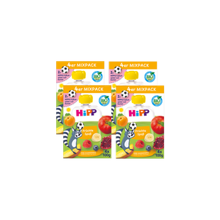 Vier HiPP Bio Früchte-Spaß Quetschbeutel-Mixpacks à 4×100g mit bunten Obstmotiven auf schwarzem Hintergrund
