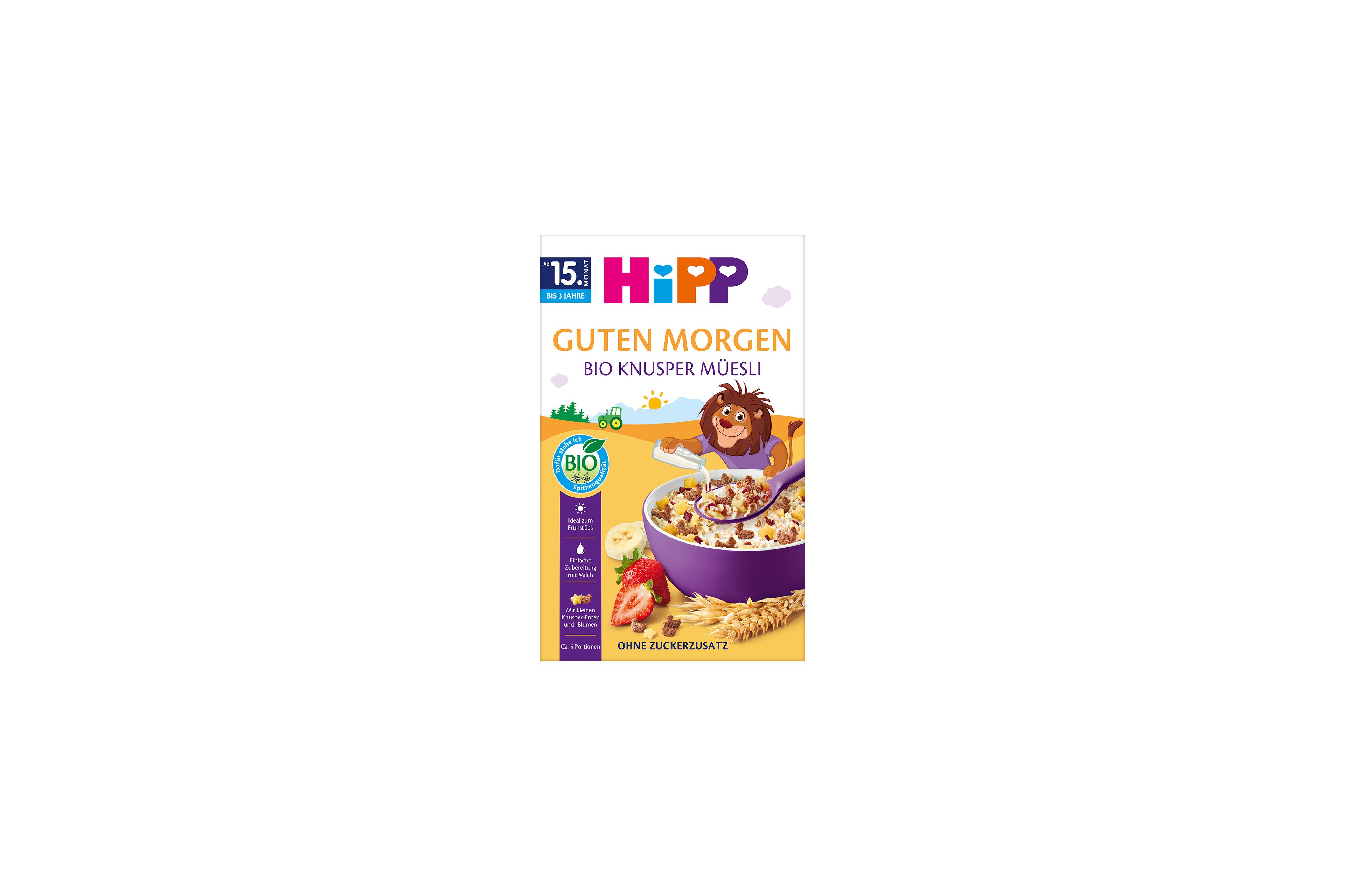 HiPP Guten Morgen Bio Knusper-Müesli Packung mit Schüssel Knuspermüsli, Erdbeeren und Getreide, ab 15 Monaten, ohne Zuckerzusatz