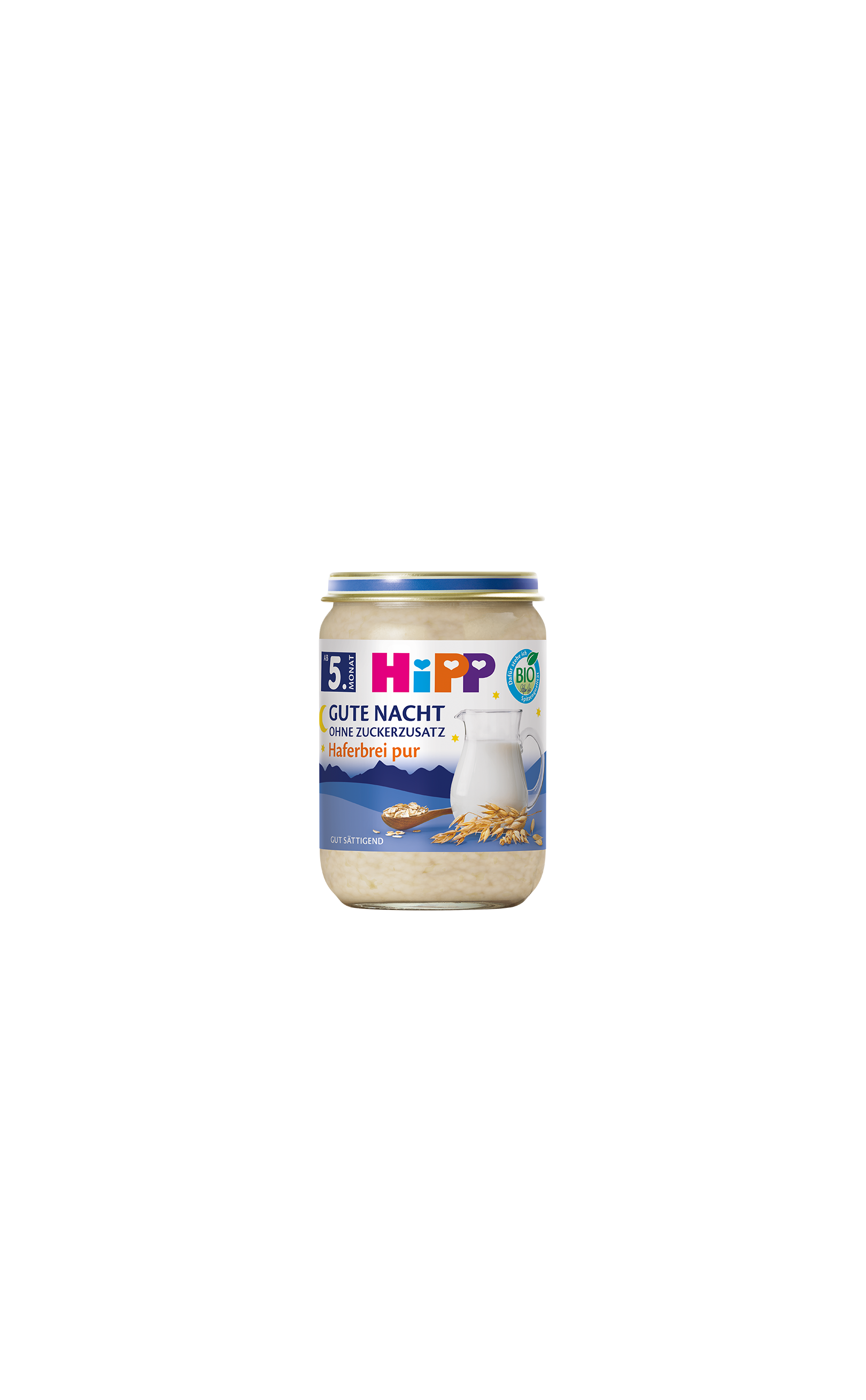 HiPP Gute Nacht Haferbrei pur Bio-Gläschen mit Milchkrug und Haferähren auf blauem Abendhimmel-Etikett