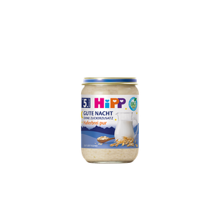 HiPP Gute Nacht Haferbrei pur Bio-Gläschen mit Milchkrug und Haferähren auf blauem Abendhimmel-Etikett