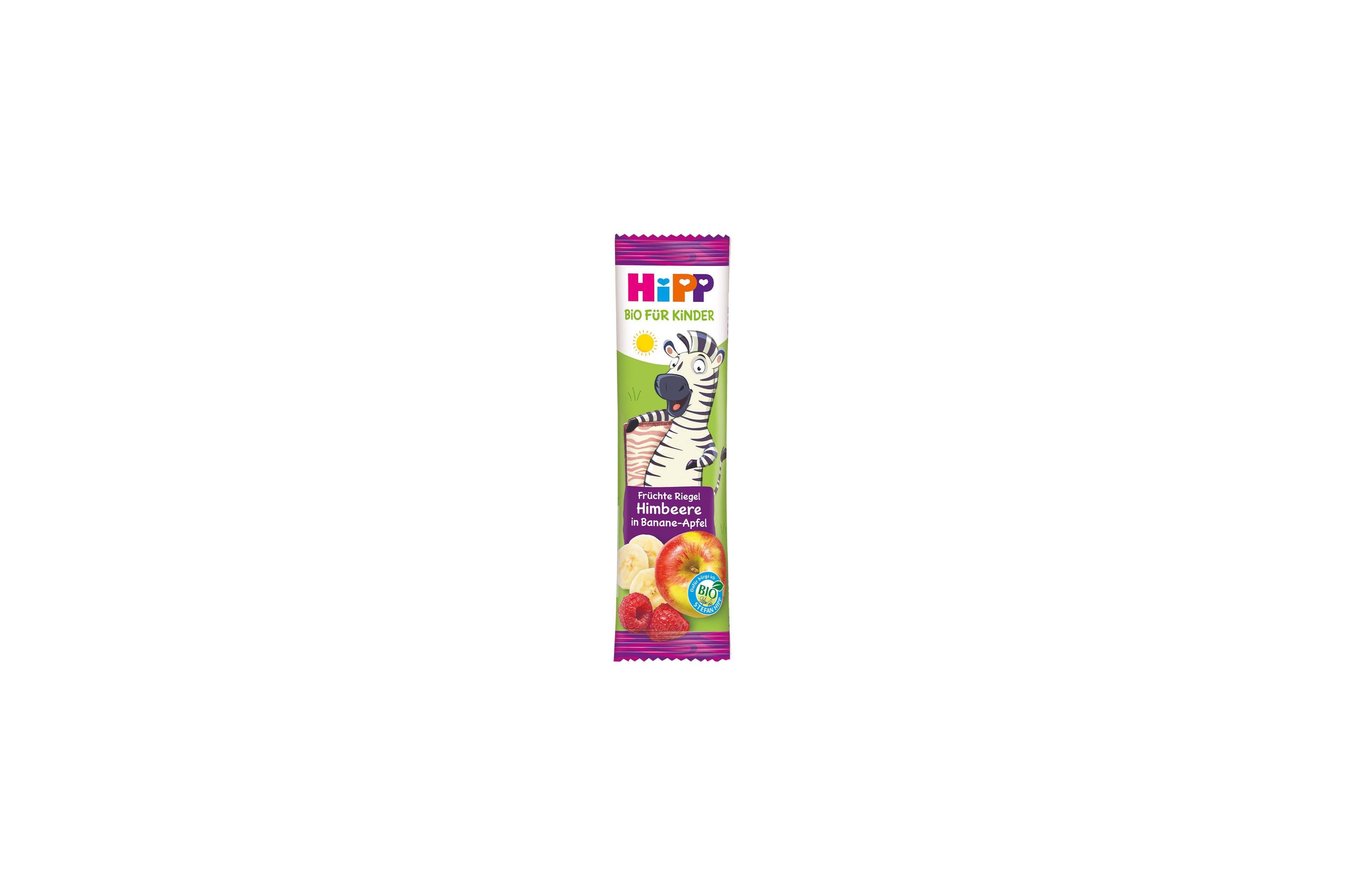 HiPP Zebra Früchte Riegel Himbeere in Banane-Apfel in bunter Kinderverpackung mit Zebra-Illustration und Bio-Siegel