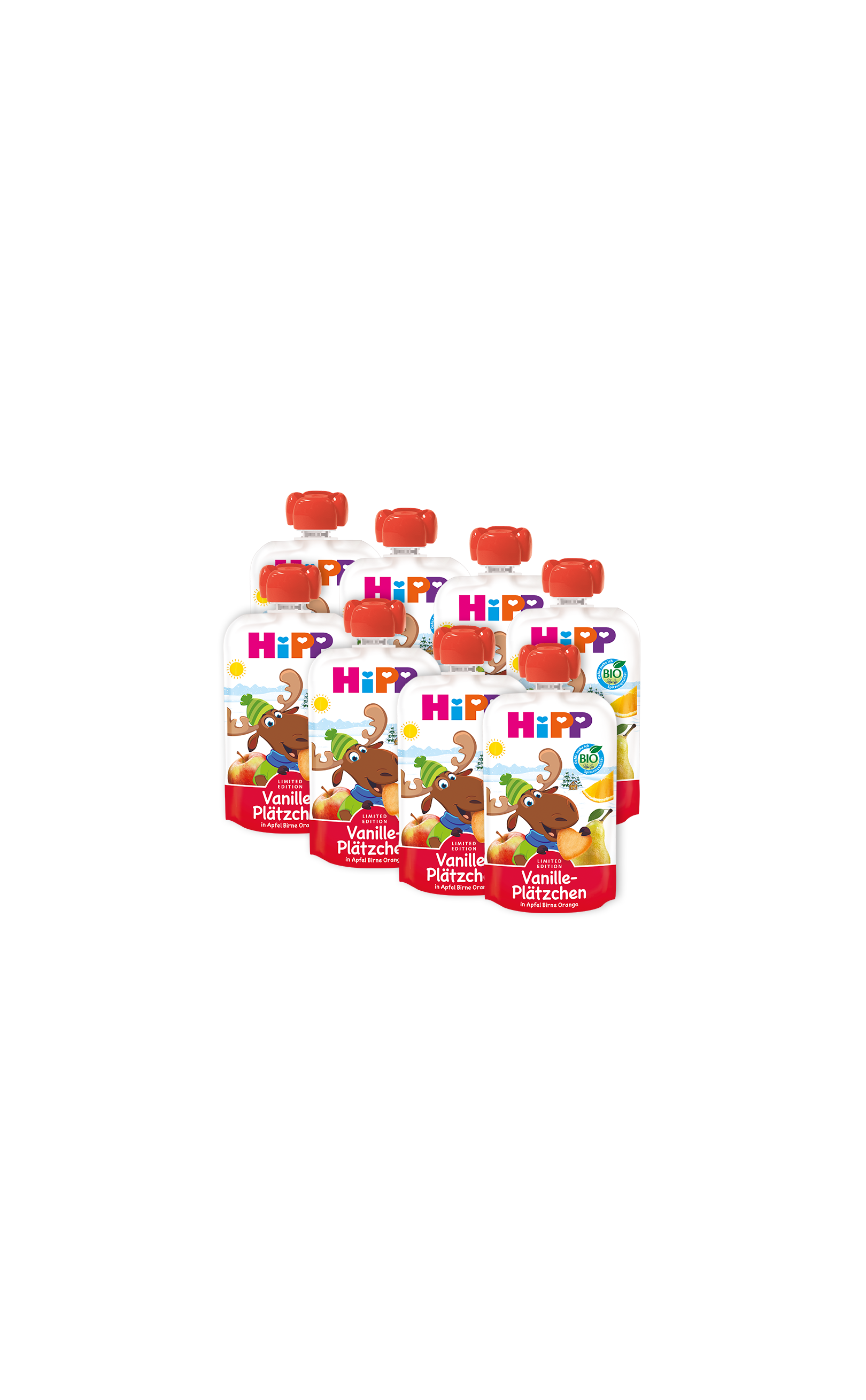 8 HiPP Bio Quetschbeutel Vanille-Plätzchen in Apfel-Birne-Orange, je 100 g