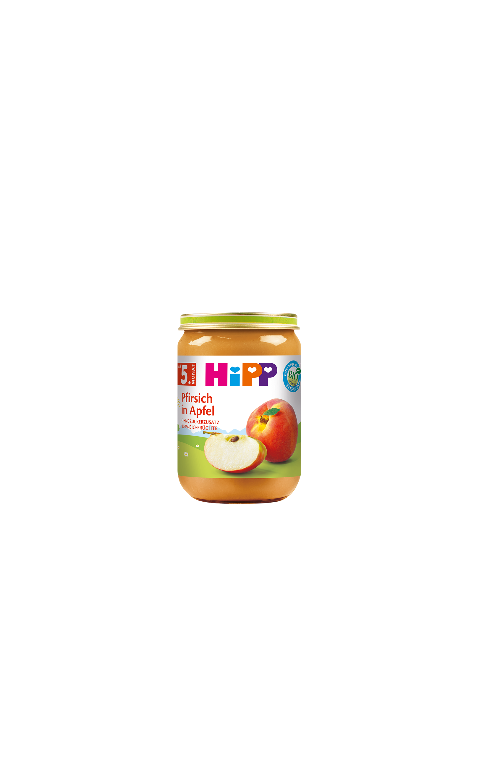 HiPP Bio Babygläschen Pfirsich in Apfel 190g mit Fruchtmotiv auf weißem Hintergrund