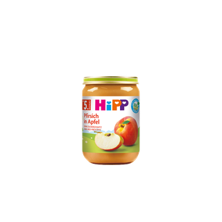 HiPP Bio Babygläschen Pfirsich in Apfel 190g mit Fruchtmotiv auf weißem Hintergrund