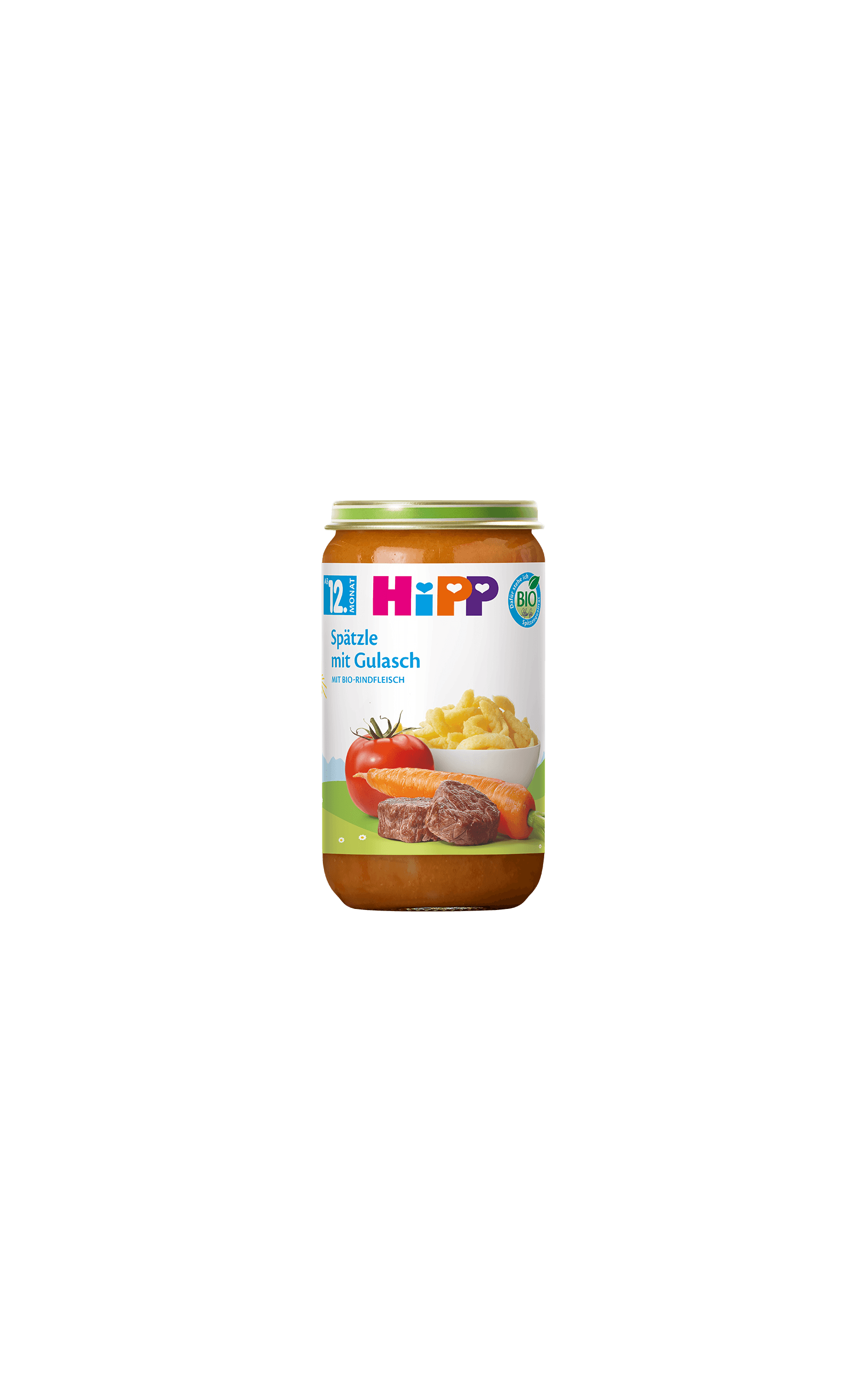 HiPP Bio Babygläschen Spätzle mit Gulasch 250g für Babys ab 12 Monaten, Glas mit Menüabbildung
