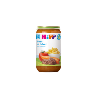 HiPP Bio Babygläschen Spätzle mit Gulasch 250g für Babys ab 12 Monaten, Glas mit Menüabbildung