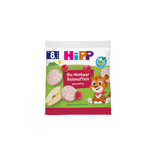 HiPP Bio Himbeer Reiswaffeln für Babys ab 8 Monaten, glutenfreie Reiswaffeln mit Himbeeren in bunter Tütenverpackung