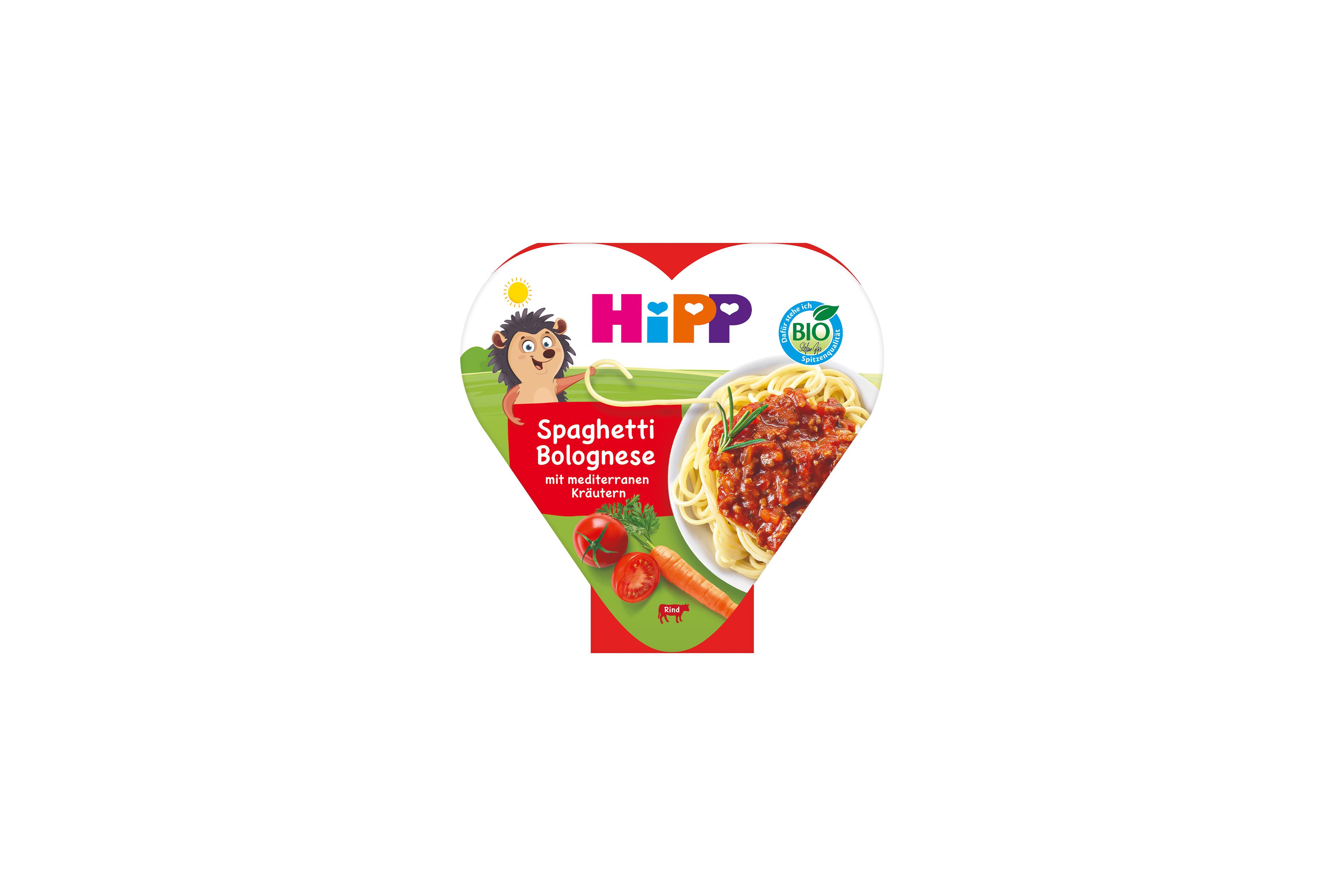 HiPP Bio Herzchen-Schale Spaghetti Bolognese mit mediterranen Kräutern für Kinder, Packung mit Tellerabbildung und Gemüse