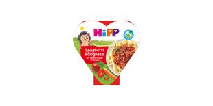 HiPP Bio Herzchen-Schale Spaghetti Bolognese mit mediterranen Kräutern für Kinder, Packung mit Tellerabbildung und Gemüse