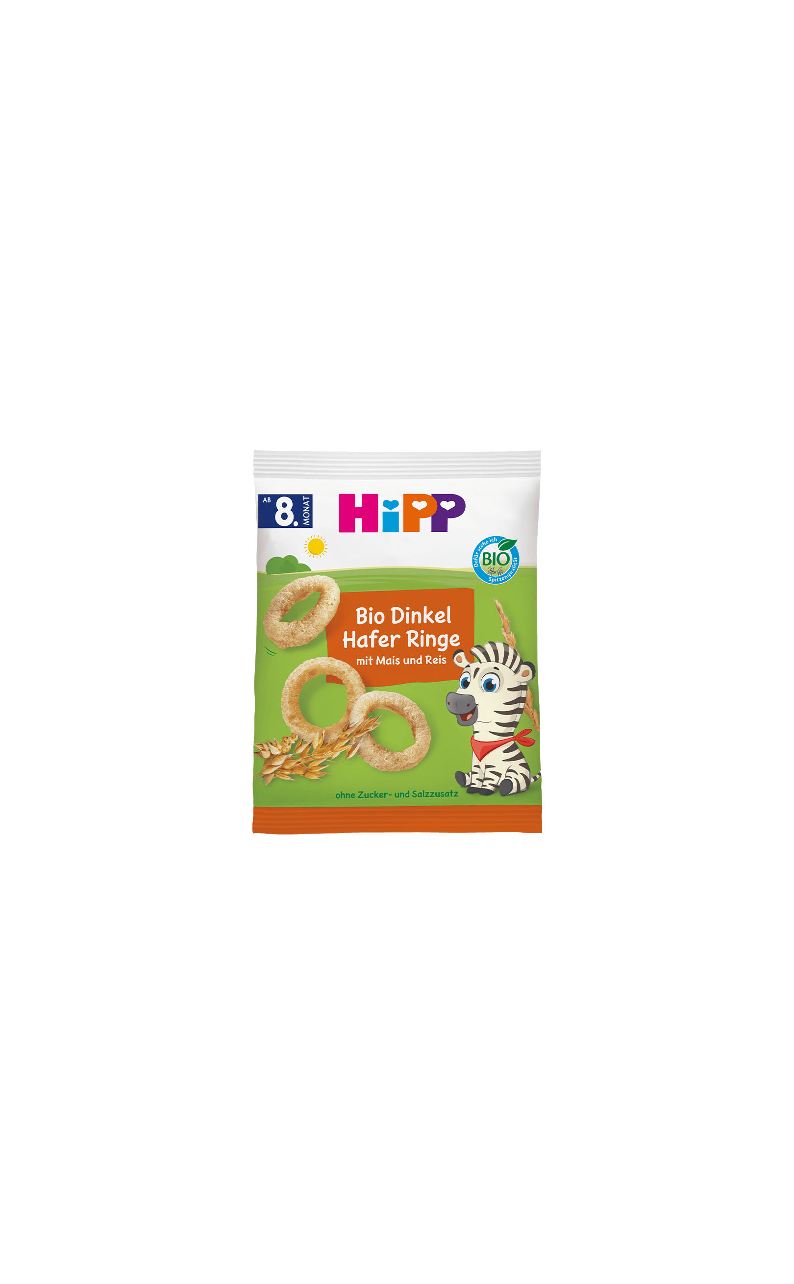 HiPP Bio Dinkel-Hafer Ringe Snackpackung mit Getreideringen und Zebra-Illustration für Babys ab 8. Monat