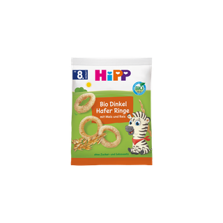 HiPP Bio Dinkel-Hafer Ringe Snackpackung mit Getreideringen und Zebra-Illustration für Babys ab 8. Monat