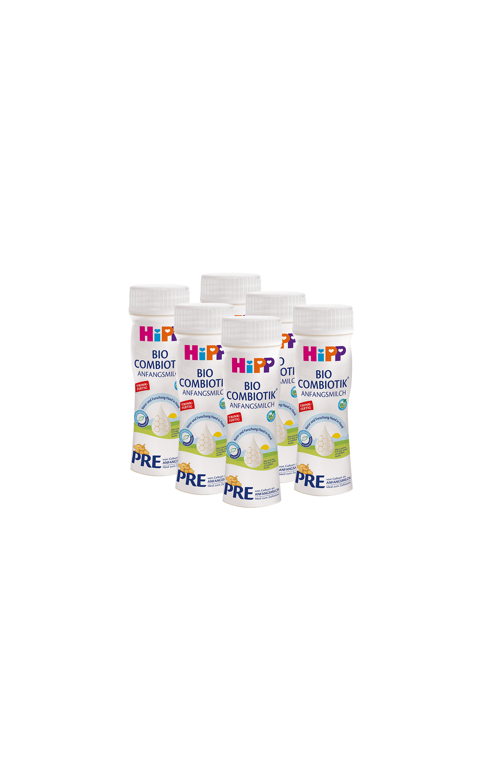 Sechserpack 200-ml-Fläschchen HiPP Bio Combiotik Anfangsmilch PRE vor schwarzem Hintergrund angeordnet