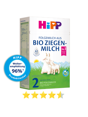 HiPP 2 BIO COMBIOTIK® Packung mit Bio- und Metafolin®-Siegeln und blauem Siegel „HiPP Produkttester – Weiterempfehlung 93 %“.