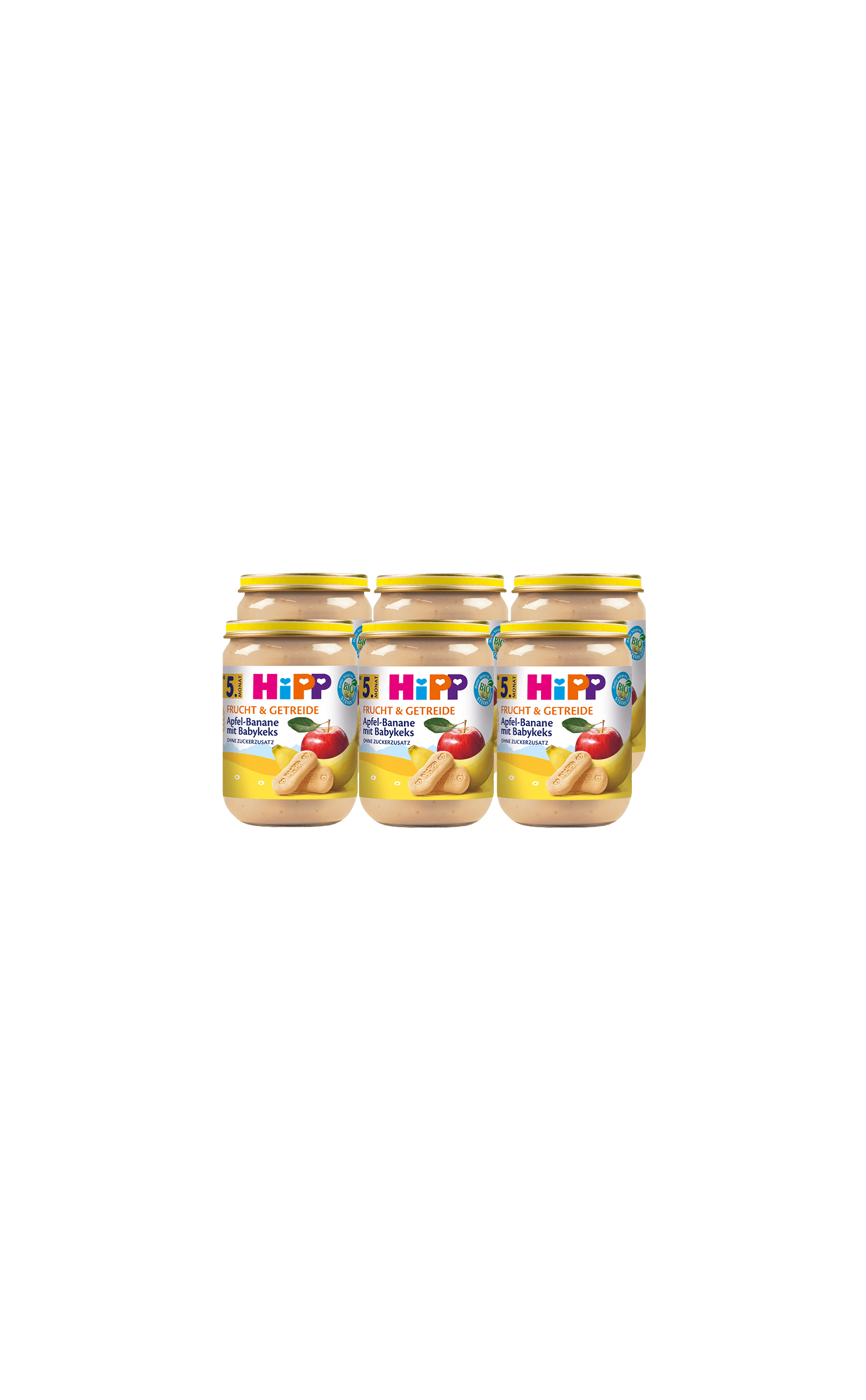 6er-Pack HiPP Bio-Babygläschen Apfel-Banane mit Babykeks, 190 g Gläser frontal vor schwarzem Hintergrund