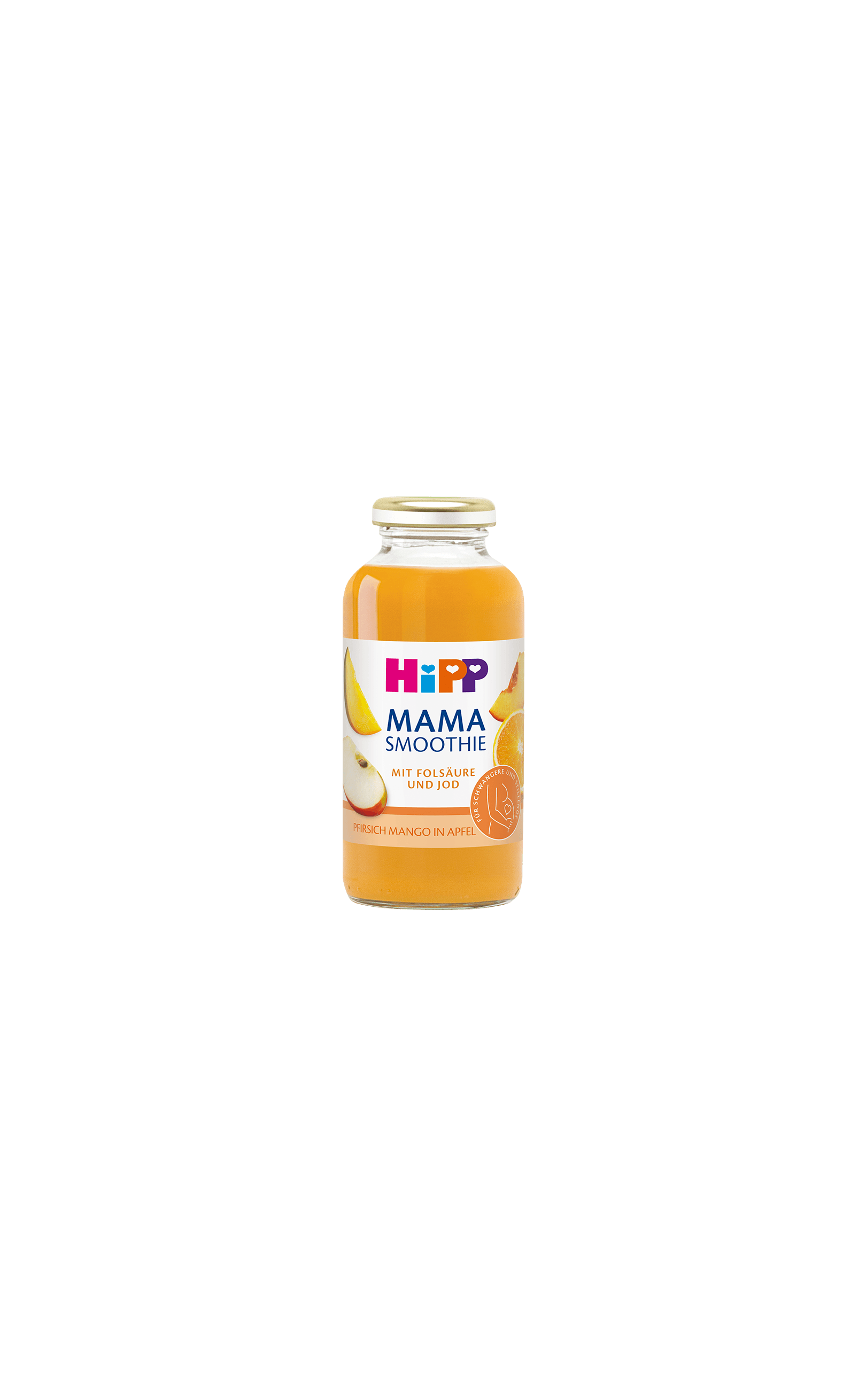 HiPP Mama Smoothie Pfirsich Mango in Apfel in Glasflasche mit Fruchtmotiven auf weißem Hintergrund