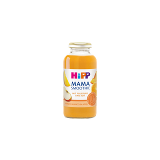 HiPP Mama Smoothie Pfirsich Mango in Apfel in Glasflasche mit Fruchtmotiven auf weißem Hintergrund