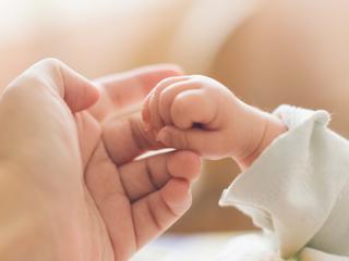 Nahaufnahme einer erwachsenen Hand, die die Hand eines Babys hält
