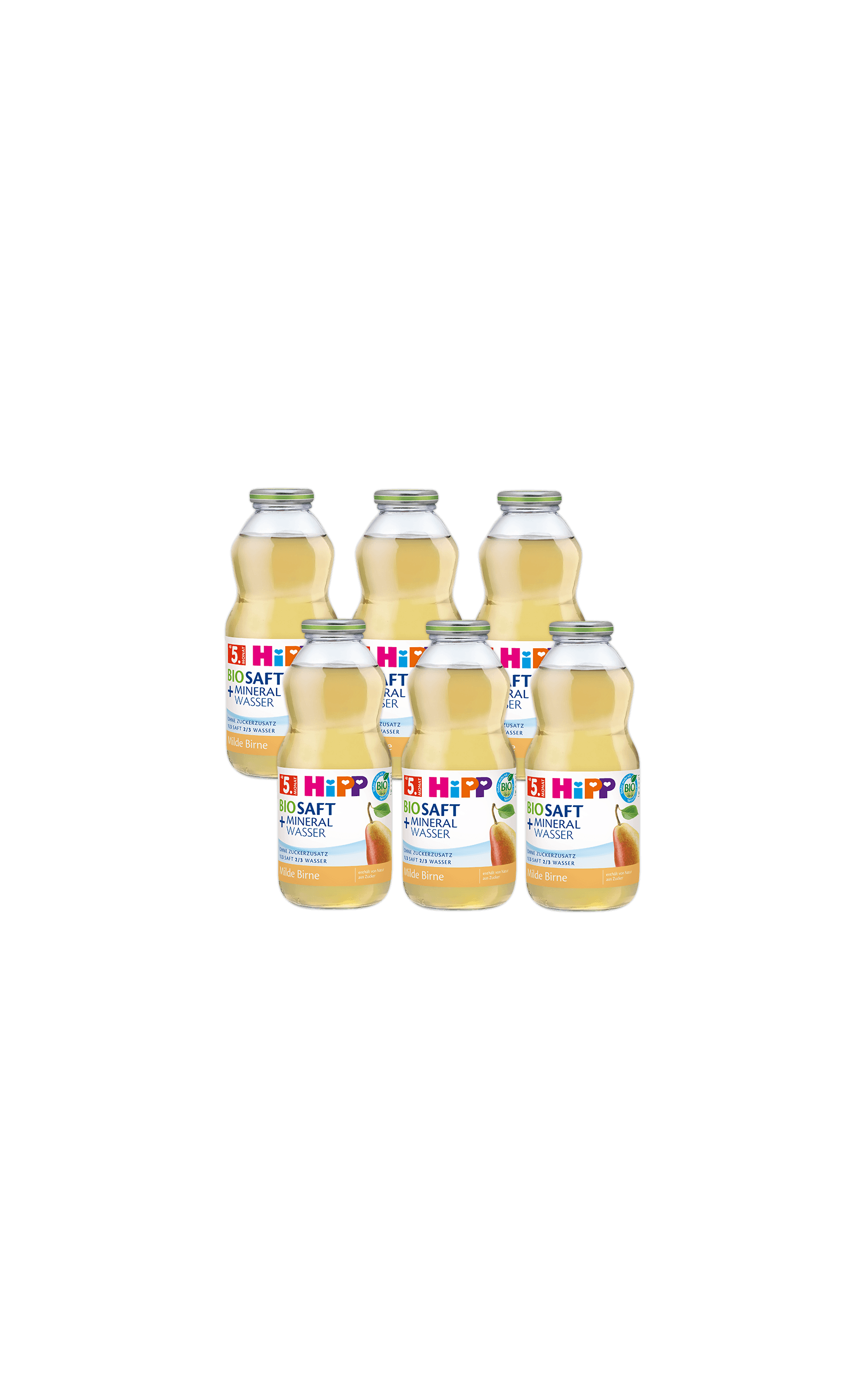 Sechserpack HiPP Bio Saft + Mineralwasser, milde Birne, 0,5-l-Flaschen für babyschonendes Trinken unterwegs