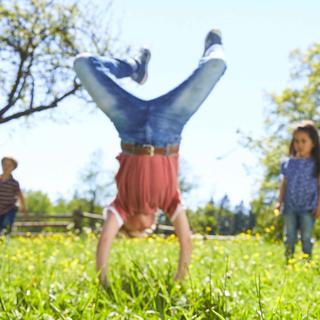Ein fröhlicher Moment im Freien mit einem Kind, das einen Handstand inmitten eines Blumenfeldes macht, während zwei andere Kinder zusehen.