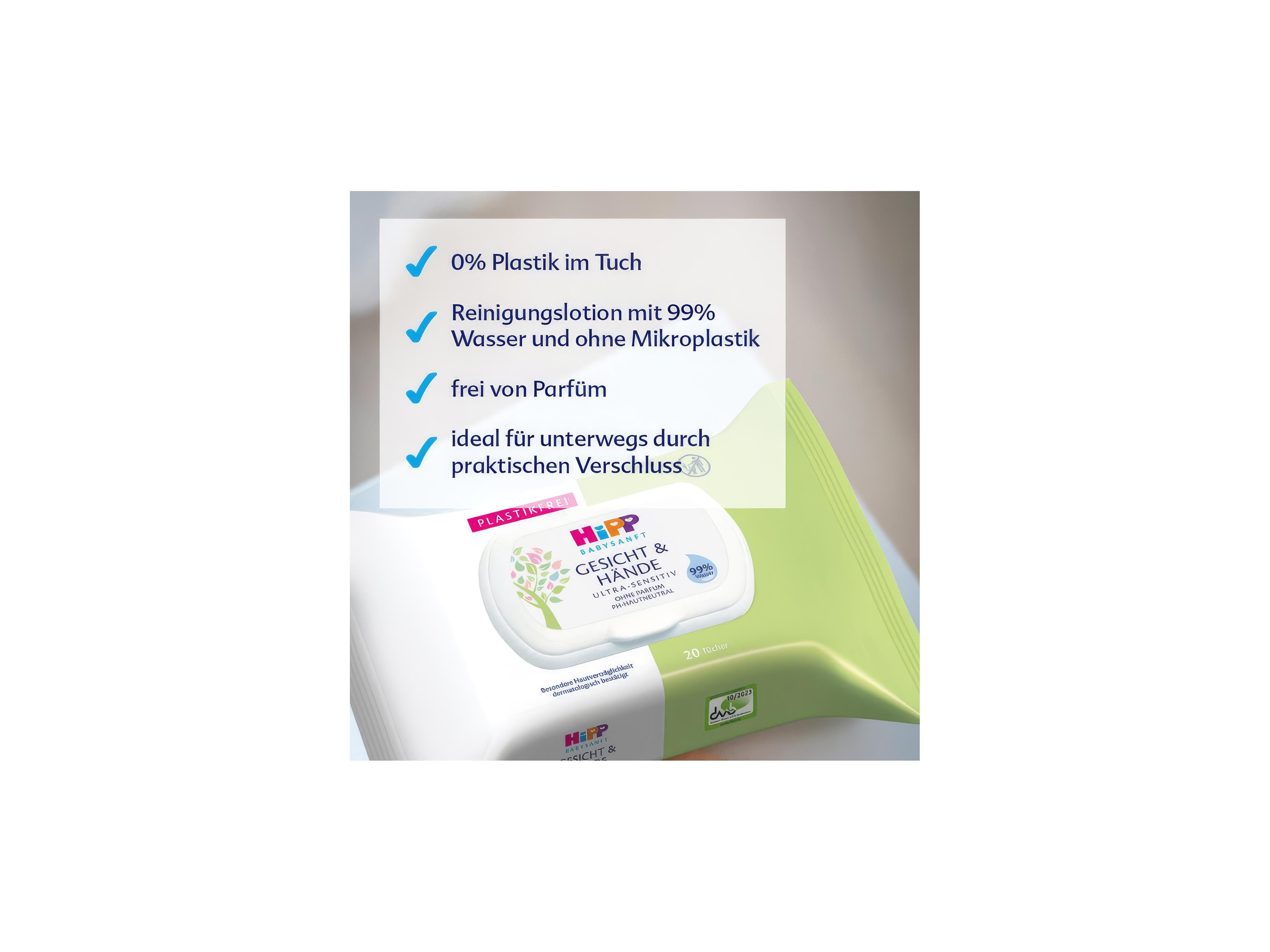 Verpackung von Feuchttüchern mit Text zu Inhaltsstoffen und Eigenschaften