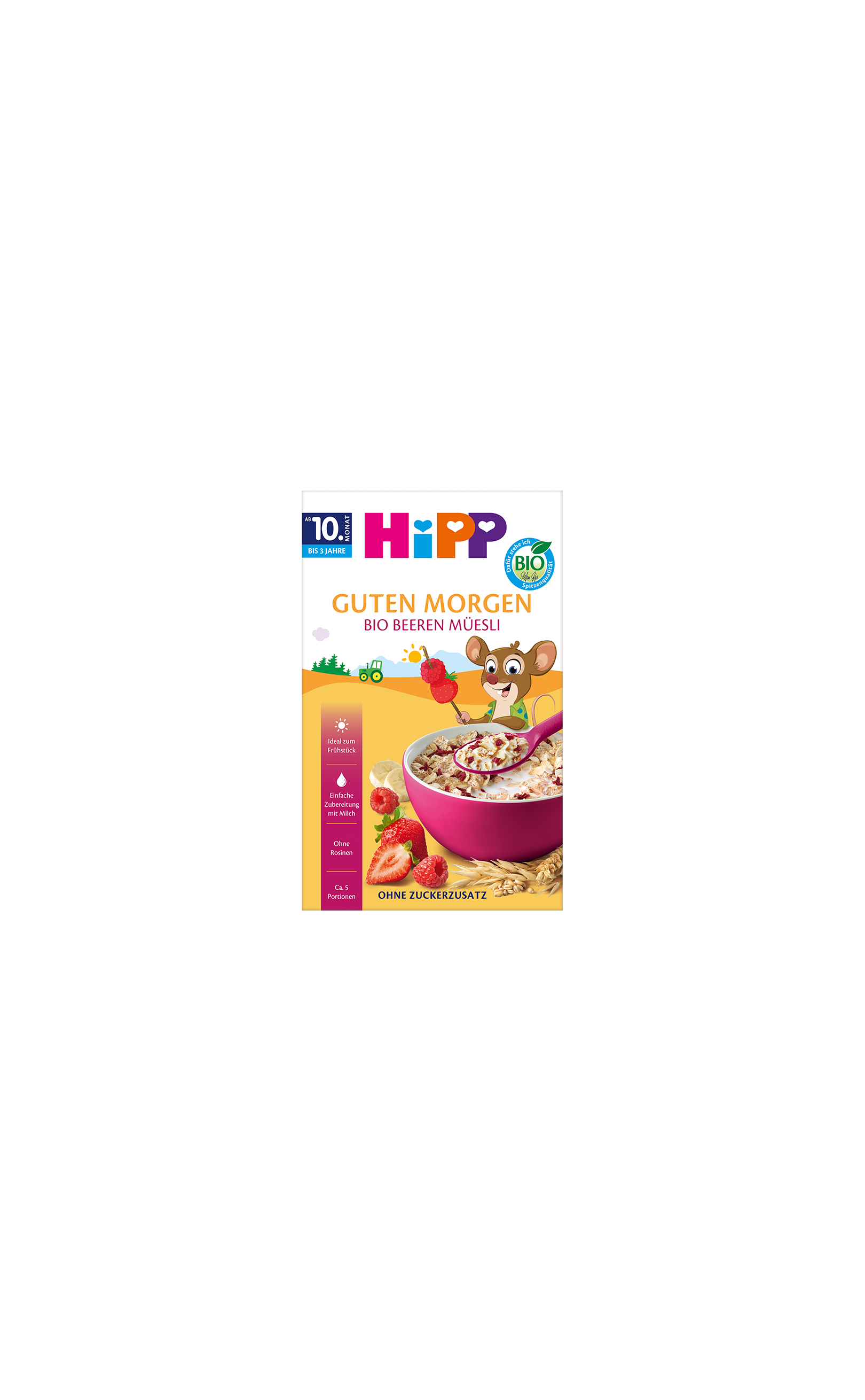HiPP Guten Morgen Bio Beeren-Müesli Packung mit rosa Müslischale, Beerenstückchen und fröhlicher Maus-Illustration
