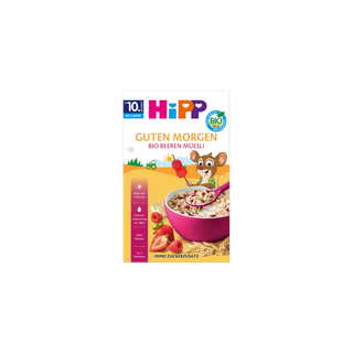 HiPP Guten Morgen Bio Beeren-Müesli Packung mit rosa Müslischale, Beerenstückchen und fröhlicher Maus-Illustration