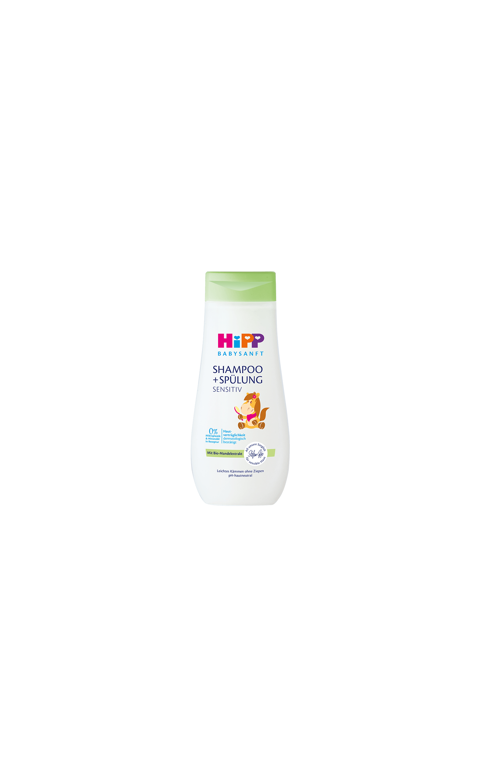 HiPP Babysanft Sensitiv Shampoo + Spülung 200 ml Flasche mit grünem Deckel auf schwarzem Hintergrund