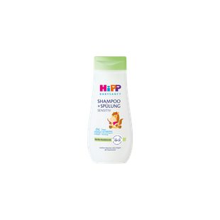 HiPP Babysanft Sensitiv Shampoo + Spülung 200 ml Flasche mit grünem Deckel auf schwarzem Hintergrund