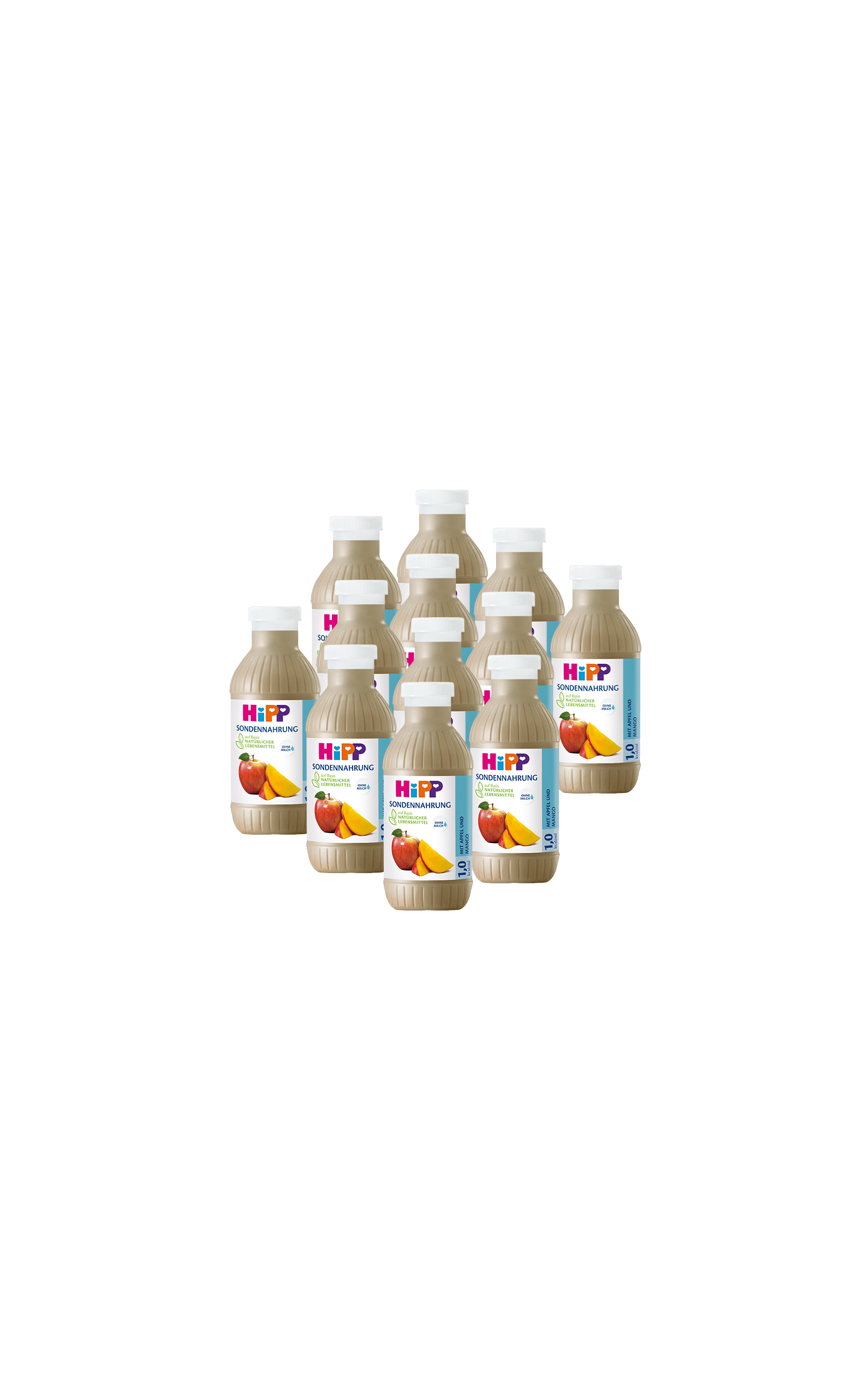 12er-Pack 500-ml-Flaschen HiPP Sondennahrung mit Apfel-Mango-Geschmack auf schwarzem Hintergrund
