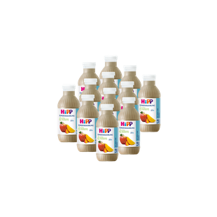 12er-Pack 500-ml-Flaschen HiPP Sondennahrung mit Apfel-Mango-Geschmack auf schwarzem Hintergrund