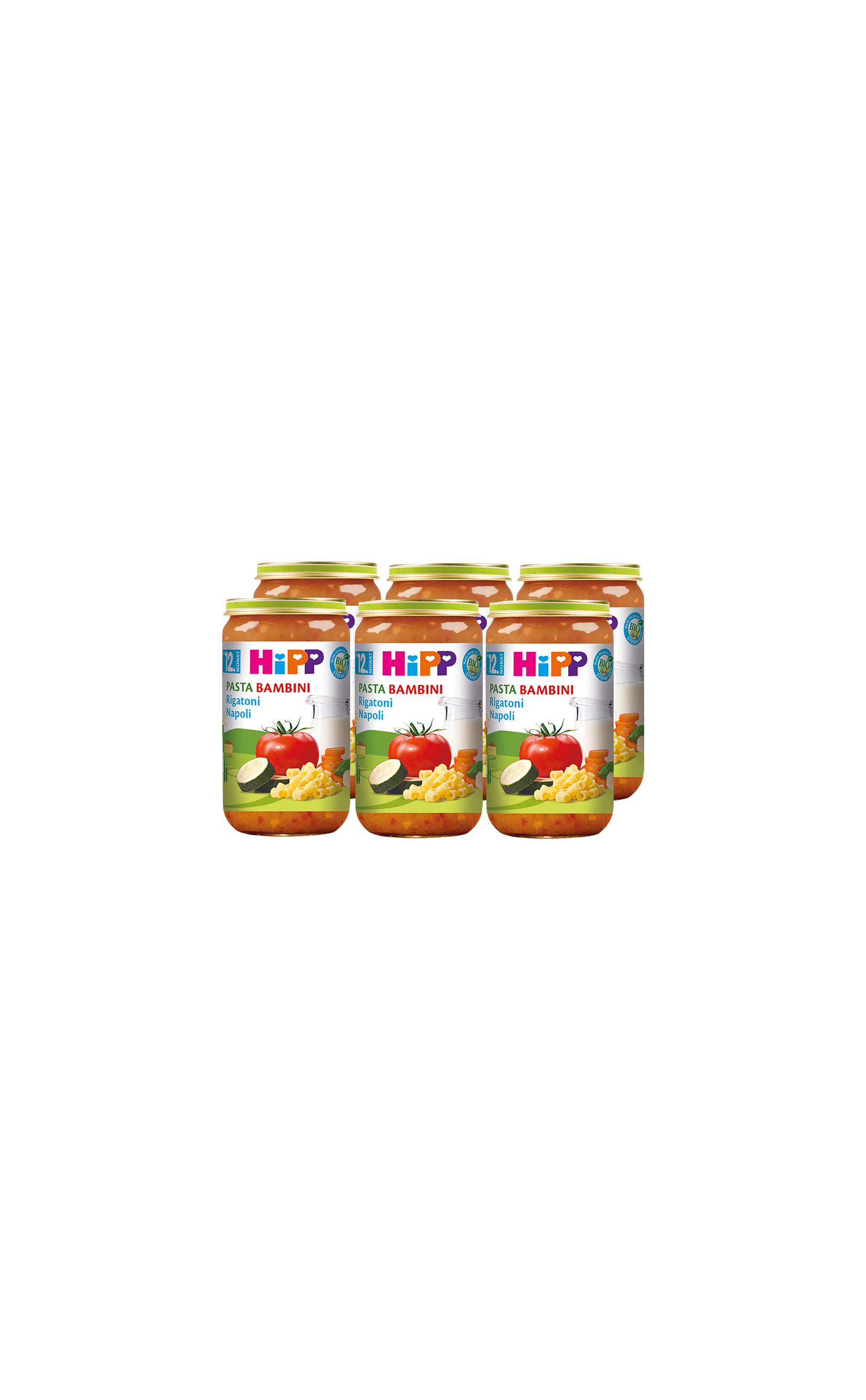 Sechserpack HiPP Pasta Bambini Rigatoni Napoli Gläschen, 6×250g Bio-Kindermenü vor schwarzem Hintergrund