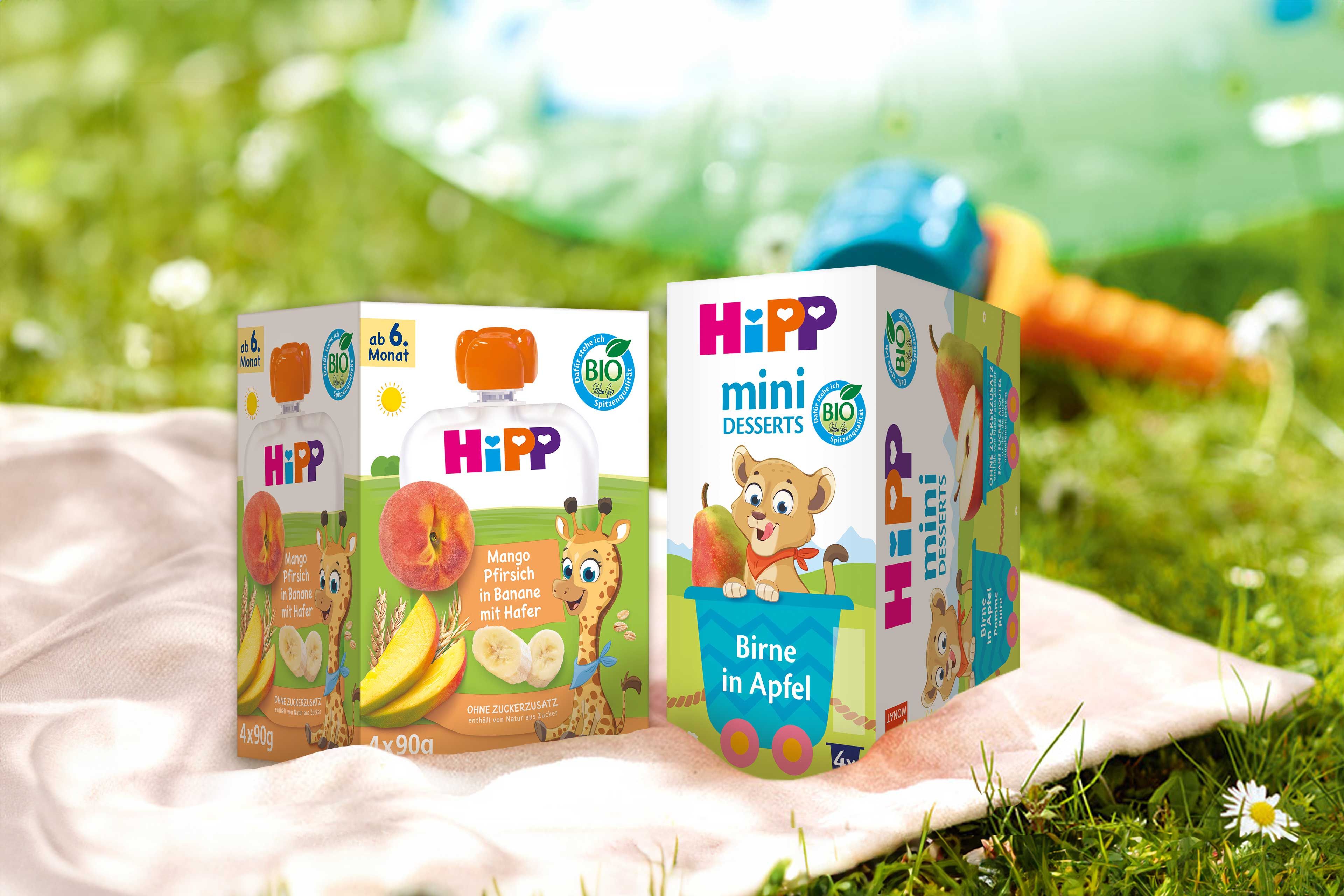 Zwei Fruchtschachteln mit der Aufschrift "Hipp" und verschiedenen Fruchtkombinationen, die auf einer Decke im Freien stehen, mit Blumen im Hintergrund.